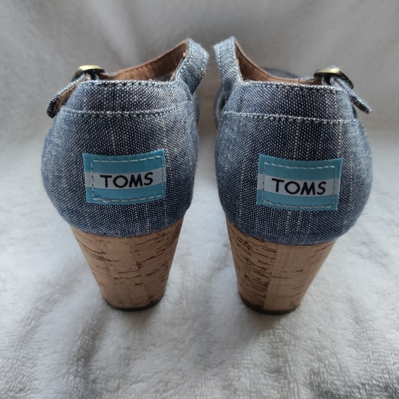 Toms | Chambray Blue Cork Wedge Buckle Platform Sandals Womens Size 7.5 - Picture 8 of 16